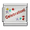 Close-up of Italian charm with red Celebration text and colorful stars. - Red Celebration Text (ICJ098-1) / 5 Pieces / Silver