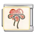 Détail macro du lien de charme italien avec cœur rouge et nœud noir sur émail - Style Nœud Cœur Beige (ICJ1780)