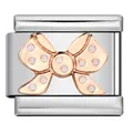 Detail of stainless steel Italian charm link featuring a rose gold polka dot bow - Rose Gold Polka Dot Bow (ICJ127-1) / 5 Pieces / Rose Gold