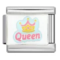Close-up of stainless steel Italian charm link with pink crown and Queen enamel design - Queen Text Crown Style (ICJ1372)