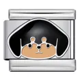 Close-up of a stainless steel Italian modular charm featuring a cute cartoon dog enamel design - Black-faced Bicolor Dog (ICJ2560)