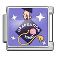 Italian style modular bracelet charm featuring a graduation cap and pink rose design - Graduation Time Cap Lift (ICP-JFAA0077-1) / Silver