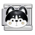 Detail view of a cute cartoon dog enamel charm for Italian modular bracelets. - Black and White Dog (ICJ2564)