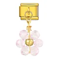 Italian link charm featuring a pink crystal bead flower on a gold stainless steel base - Gold Base Pink Flower (ICG790)