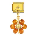 Gold-toned Italian modular bracelet charm link featuring an orange faceted crystal flower dangle - Gold Base Orange Flower (ICG793)