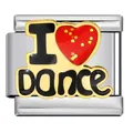Detailed view of a stainless steel Italian charm featuring an 'I Love Dance' logo - I Love Dance (ICJ1477)