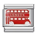 Macro detail of red London double-decker bus Italian charm link made from stainless steel - London Bus Pattern (ICJ091-1)