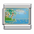 Detail view of an Italian charm module with colorful enamel palm tree and sea landscape. - Island Landscape Pattern (ICJ095-1)