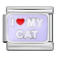 Detail view of stainless steel Italian charm with purple I Love My Cat enamel design - I MY CAT (ICJ1497)