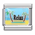 Detail of a stainless steel Italian charm featuring a beach and palm tree design. - Beach Relax Pattern (ICJ123-1)