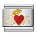 Vista dettagliata di un charm italiano con cuore rosso, ali bianche e un'aureola dorata. - Stile Cuore Angelo Halo (ICJ151)