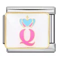 Détail d'un charm italien en acier inoxydable avec une lettre Q rose et une couronne - Couronne Lettre Q (ICJ1579)