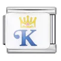 Charm modulaire italien en acier avec couronne et lettre K bleue - Couronne Lettre K (ICJ1580)