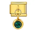 Maglia charm italiana in oro con una pietra portafortuna tonda verde pendente - Pietra Natales Verde Smeraldo (ICG119-2)