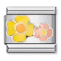Italian charm link with yellow and pink enamel flowers in stainless steel finish - Two-Tone Floral Pattern (ICJ332)