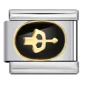 Macro view of stainless steel Sagittarius charm link with black enamel and gold bow. - Sagittarius (ICJ468-1)