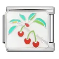 Close-up of stainless steel modular charm with enamel cherry and leaf design. - Branch Cherry 3D Style (ICJ1380)