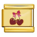 Abalorio modular italiano dorado de acero con diseño de cereza corazón y lazo - Patrón de Cereza y Lazo (ICP-JC106-9G) / Dorado