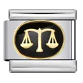 Macro view of an Italian modular charm link with a gold-tone Libra scales on black enamel. - Libra (ICJ472-1)