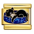 Detail view of a black cat on blue glitter charm with a gold-plated modular base - Black Cat Starry Sky (ICJ582-1) / 5 Pieces