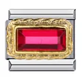 Charm modulare italiano con zircone rosso rettangolare e bordo intrecciato dorato - Strass Rettangolare Rosa Scuro (ICJ468)