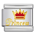 Stainless steel Italian charm link featuring a red enamel crown and gold Princess text - Silver Red Crown Style(ICY928)