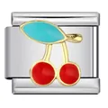 Close-up of a stainless steel Italian modular charm with red cherry enamel design - Cherry Style (ICJ401-1)