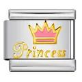 Italian modular charm link with pink crown and Princess inscription in gold finish - Silver Pink Crown Style(ICY930)