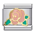 Dettaglio del charm rosa in smalto per bracciale modulare italiano in acciaio inox - Floreale Rosa (ICJ305)