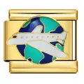 Gold stainless steel Italian charm link with airplane and globe enamel travel design - Earth Airplane (ICJ594-1)