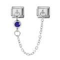 Silver stainless steel Italian modular charm with blue birthstone and safety chain - Blue (September)