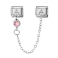 Silver stainless steel Italian modular charm link with pink gemstone and delicate chain - Pink (October)