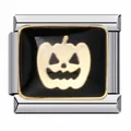 Macro detail of a gold pumpkin charm on black enamel for Italian modular bracelet - Black Gold Halloween Pumpkin Style (ICJ699)