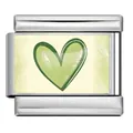 Stainless steel Italian modular charm link featuring a hand-drawn green heart pattern design - Light Green Heart Pattern (ICP-YCAA0062-1)