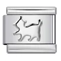 Detailansicht eines silbernen italienischen Armband-Glieds mit geprägter Katzen-Silhouette - Welpenmuster (Y374) / Silber