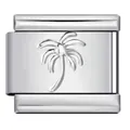 Detailansicht eines silbernen Edelstahl-Charm-Glieds mit geprägter Palme für DIY-Armbänder - Kokospalmen-Muster (Y456) / Silber