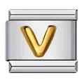 Italian charm bracelet link in stainless steel with a raised gold-plated letter V - English Letter-V / 5 Pieces/Pack