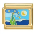 Premium Italian charm link with gold finish and artistic starry night wave enamel design - Artistic Starry Sky (ICJ952-2)
