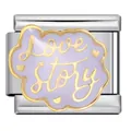 Primo piano del charm modulare italiano con smalto viola e testo Love Story oro. - Stile Love Story (ICJ1546) / 5 Pezzi/Confezione