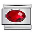 Close-up detail of a stainless steel Italian charm link with an oval red faceted crystal - Red Zirconia (#9)