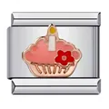Charm italien en acier inoxydable avec motif de cupcake rose et bougie en émail - Style Gâteau Rose avec Bougie Fleur (ICJ320)