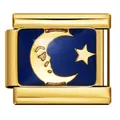 Vue détaillée d'un maillon de bracelet italien doré avec motif étoile et lune bleue - Style Lune Anthropomorphe (ICJ027-2) / 5 Pièces