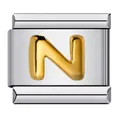 Modular Italian charm with raised 3D gold-plated letter N on silver steel base - English Letter-N / 5 Pieces/Pack