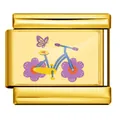 Vista detallada del charm italiano dorado con diseño de bicicleta floral y mariposa - Bicicleta Mariposa Dorado (ICP-YCAA0069-2)