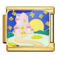 Detail view of a golden stainless steel Italian charm with a colorful enamel castle pattern. - Dreamy Castle Style (ICJ1186-2) / 5 Pieces