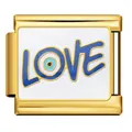 Detailed view of a gold-toned Italian charm link featuring LOVE text and a blue evil eye symbol - LOVE Evil Eye (ICJ1063-2) / 5 Pieces