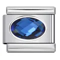 Detailed view of stainless steel Italian modular charm with an oval blue crystal stone - Dark Blue Zirconia (#5)