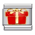 Stainless steel Italian modular charm featuring a red enamel gift box with gold-tone bow - Red Gift Box (ICJ343)