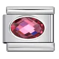 Close-up of Italian modular charm link with a faceted oval pink gemstone in silver - Pink Purple Zirconia (#6)
