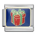 Charm per bracciale modulare italiano in acciaio inox con regalo rosso su smalto blu - Stile Scatola Regalo Blu (ICJ735-1)